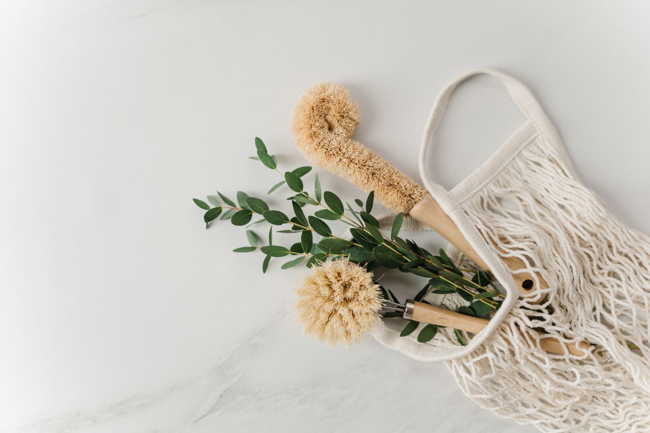 home-img Eco-friendly cleaning brushes and eucalyptus branches in a reusable net bag on white surface.
